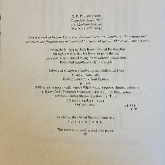 1994 Hard Cover "Debt Of Honor" Tom Clancy - Picture 7 of 7